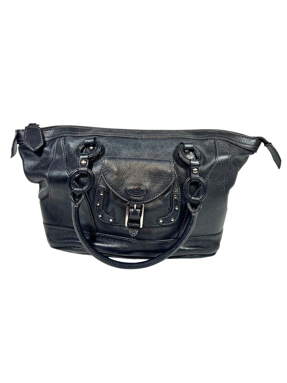 Tod's Black Pebbled Leather Tote Bag Purse Zipper Silver Studded